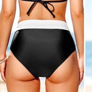 Bikini bottom S black white waist colorblock swimwear retro modest beach new